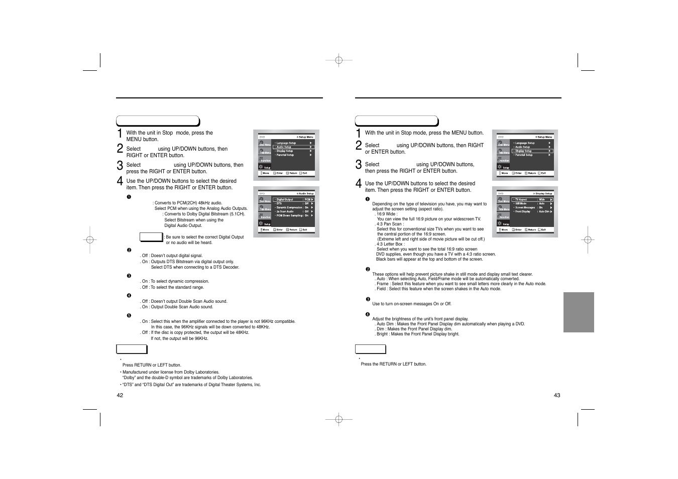 Setting up the display options, Setting up the audio options | Samsung DVD-HD931 User Manual | Page 22 / 26