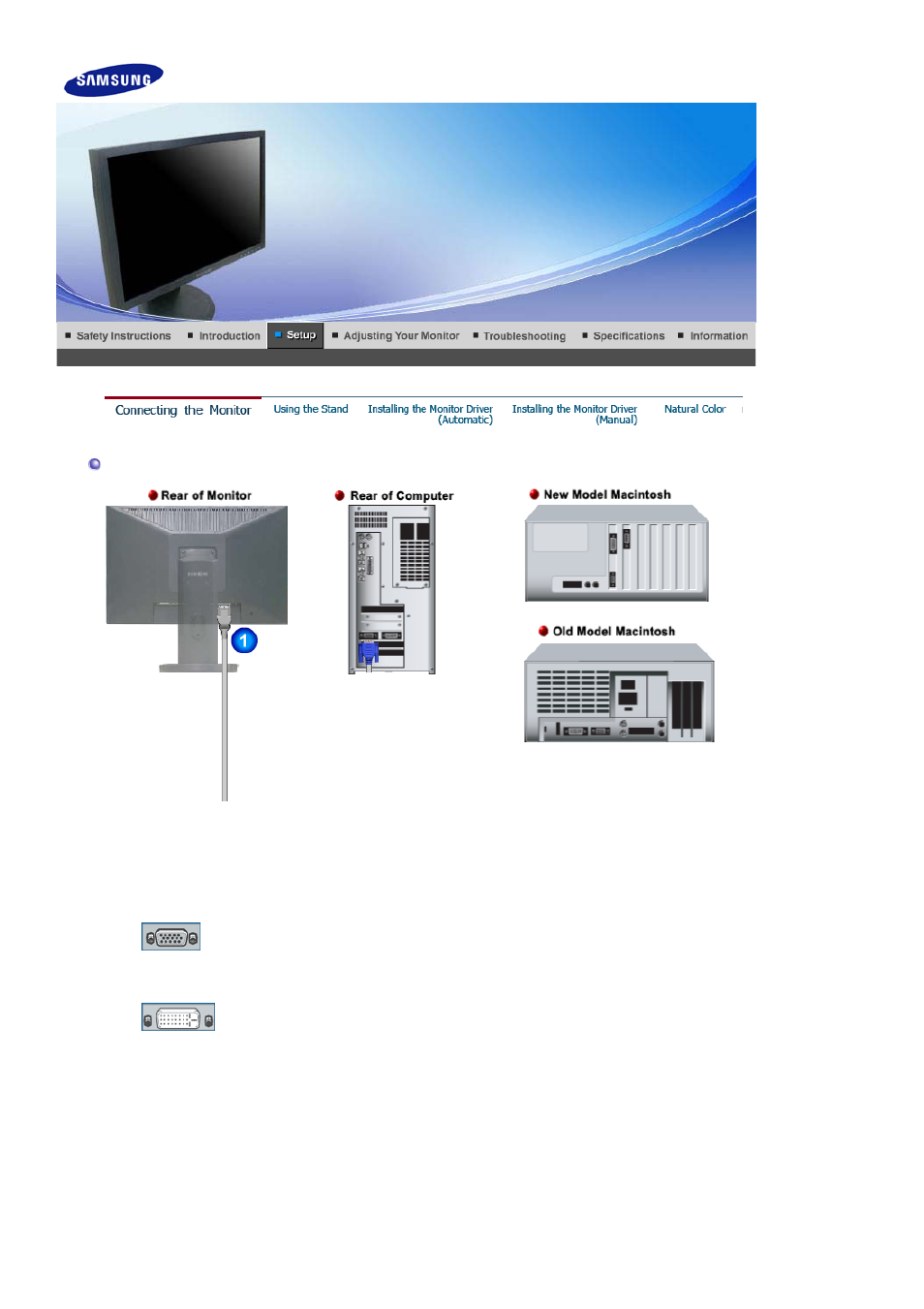 Setup, Connecting the monitor, Using the stand | Samsung 205BW User Manual | Page 13 / 63