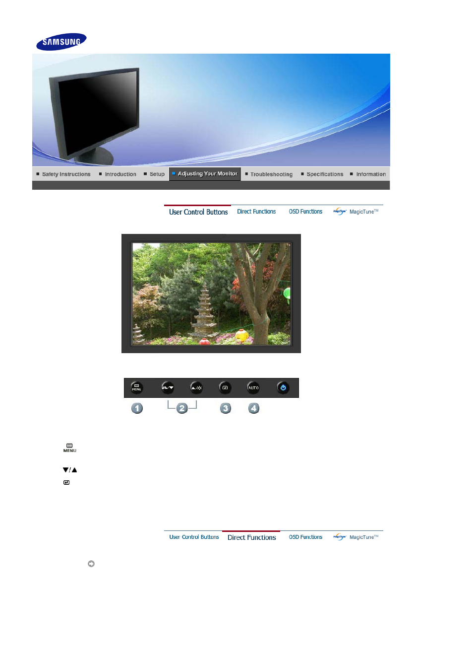 Adjusting your monitor, User control buttons, Direct functions | Samsung 205BW User Manual | Page 21 / 63
