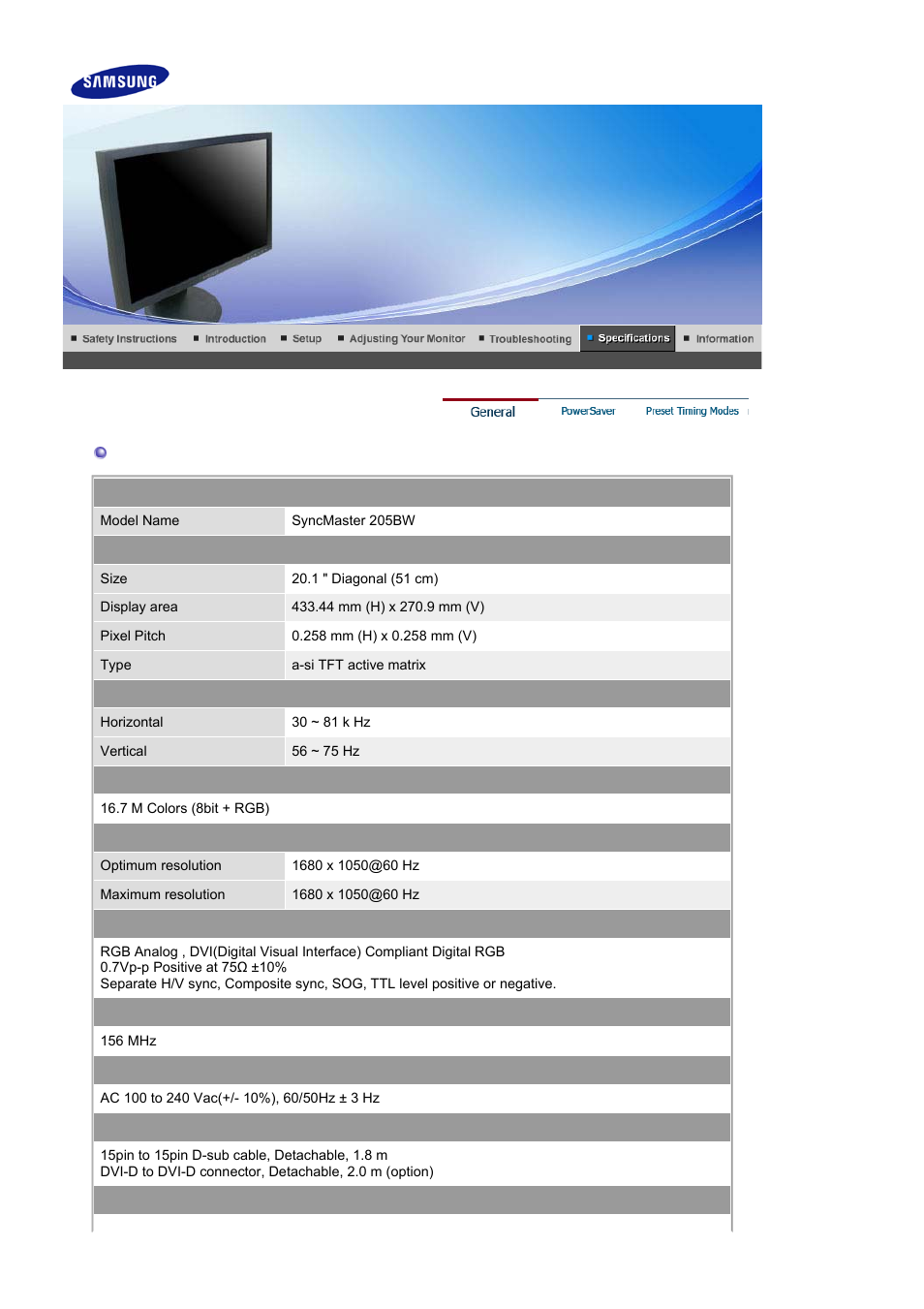 Specifications, Syncmaster 205bw, General | Samsung 205BW User Manual | Page 51 / 63