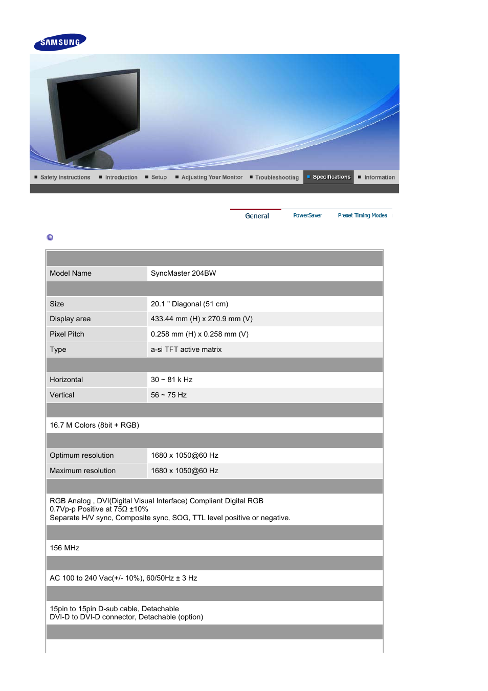 Syncmaster 204bw, General | Samsung 205BW User Manual | Page 54 / 63