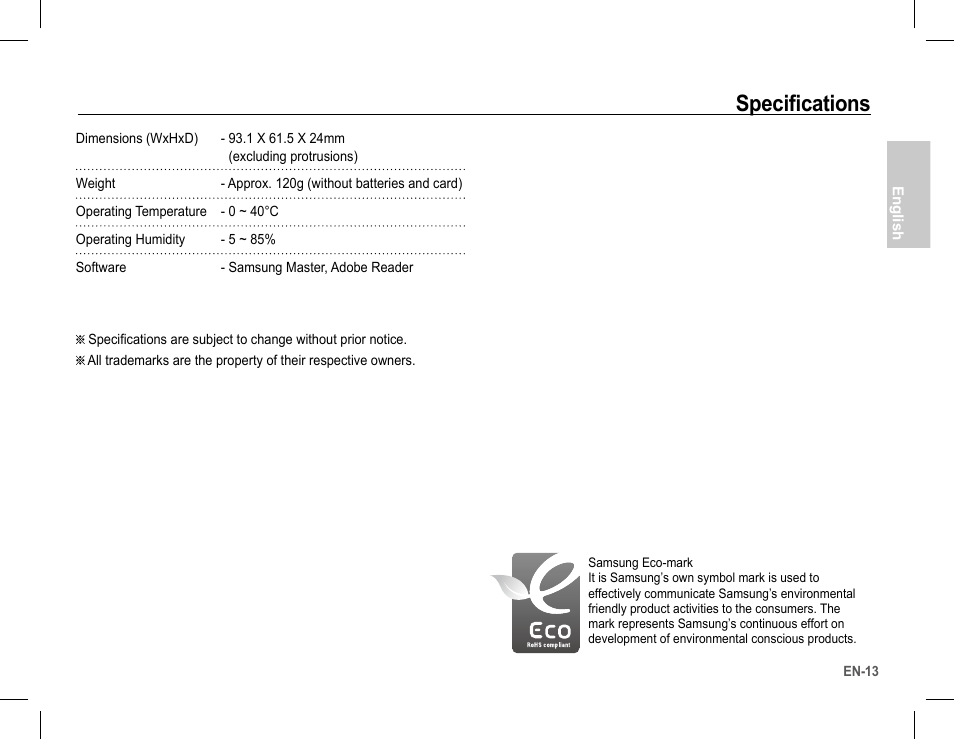 Specifications | Samsung BL103 User Manual | Page 14 / 34