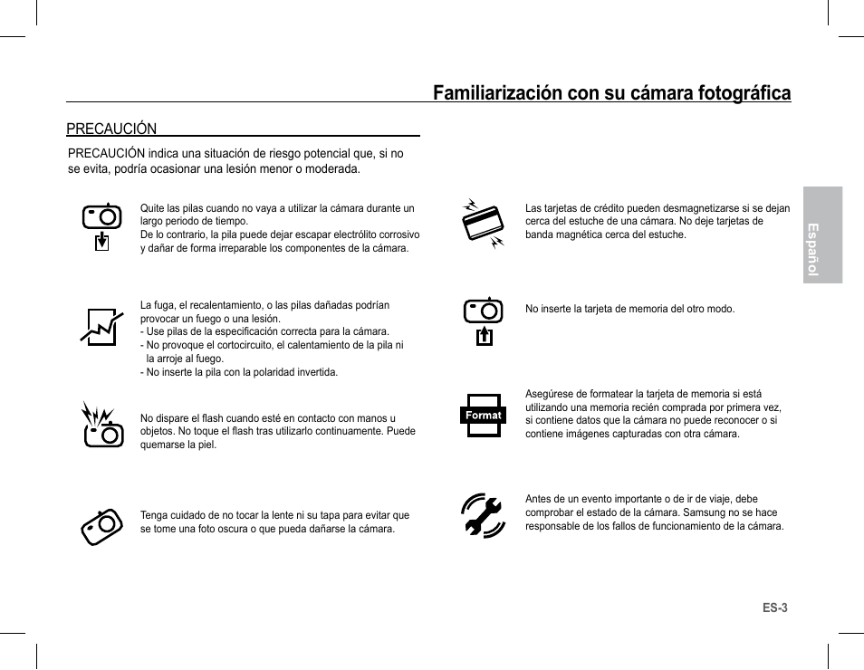 Familiarización con su cámara fotográfica, Precaución | Samsung BL103 User Manual | Page 20 / 34