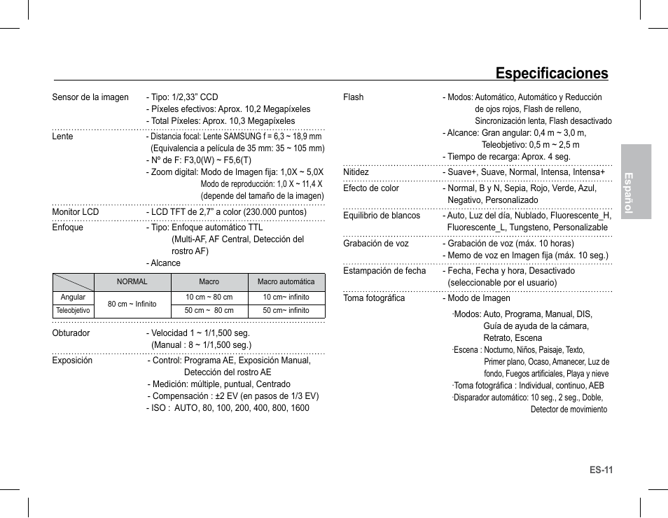 Especificaciones | Samsung BL103 User Manual | Page 28 / 34