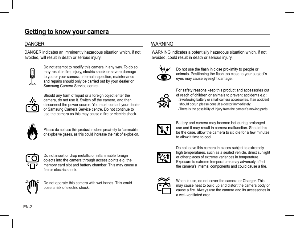 Getting to know your camera, Danger, Warning | Samsung BL103 User Manual | Page 3 / 34
