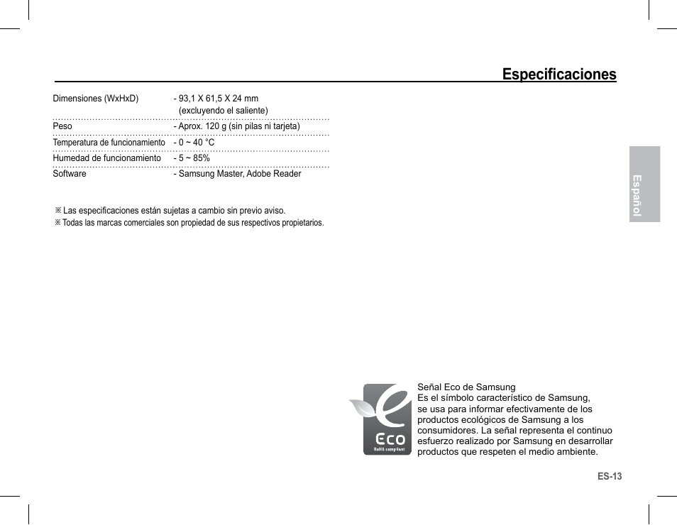 Especificaciones | Samsung BL103 User Manual | Page 30 / 34