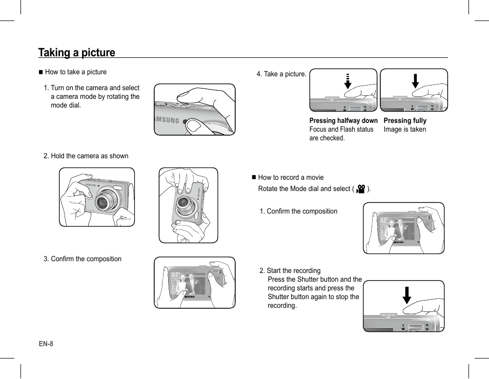 Taking a picture | Samsung BL103 User Manual | Page 9 / 34