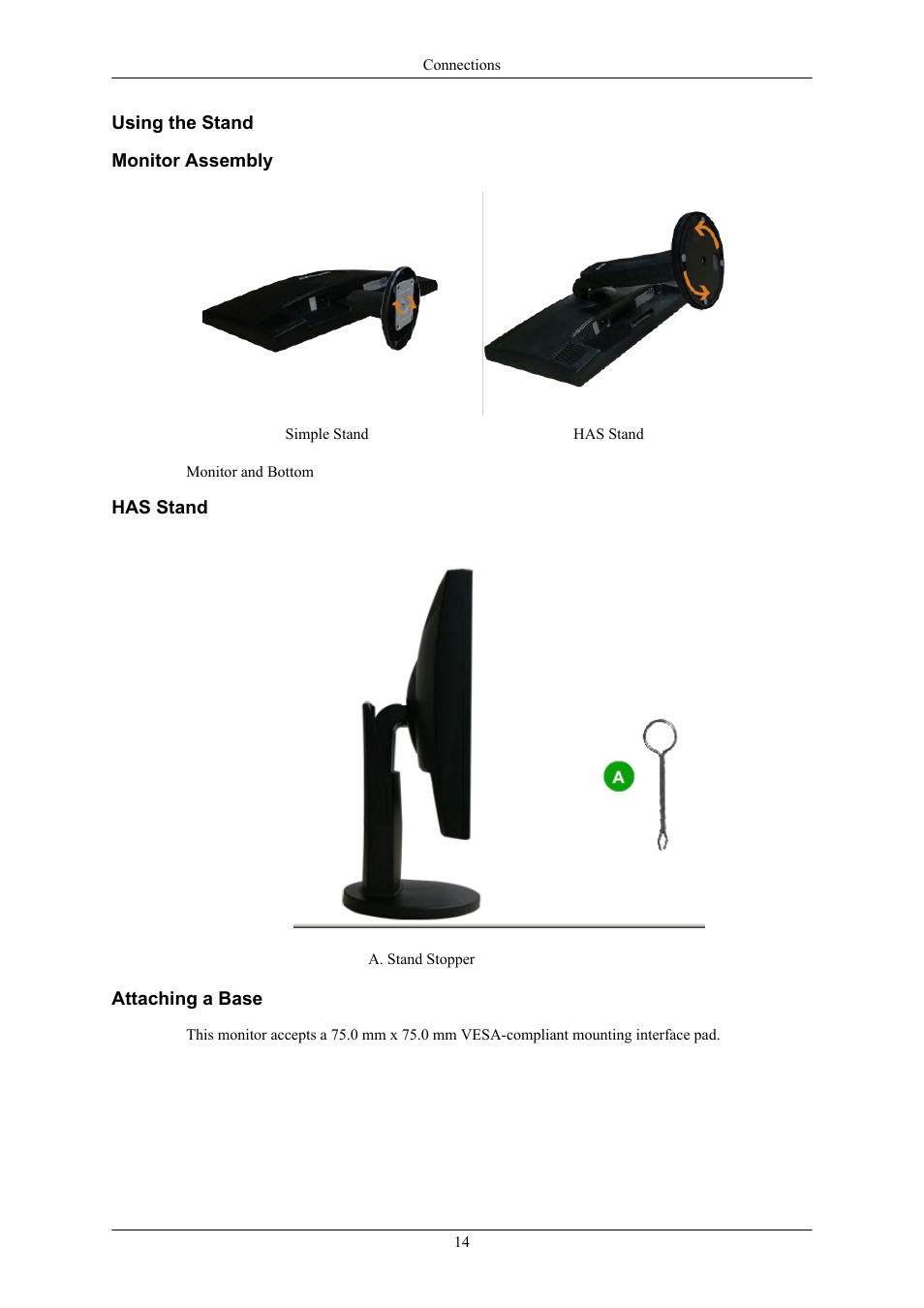 Using the stand, Monitor assembly, Has stand | Attaching a base, Adjusting the monitor | Samsung 2043NWX  QSG User Manual | Page 8 / 15