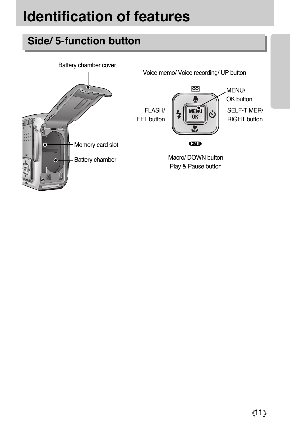 Identification of features, Side/ 5-function button | Samsung Digimax A55W User Manual | Page 11 / 132