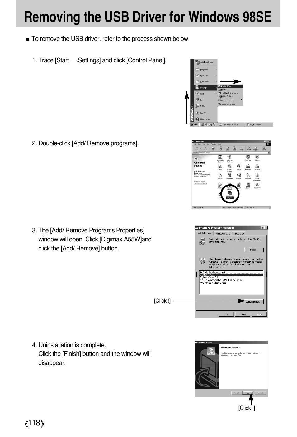 Removing the usb driver for windows 98se | Samsung Digimax A55W User Manual | Page 118 / 132