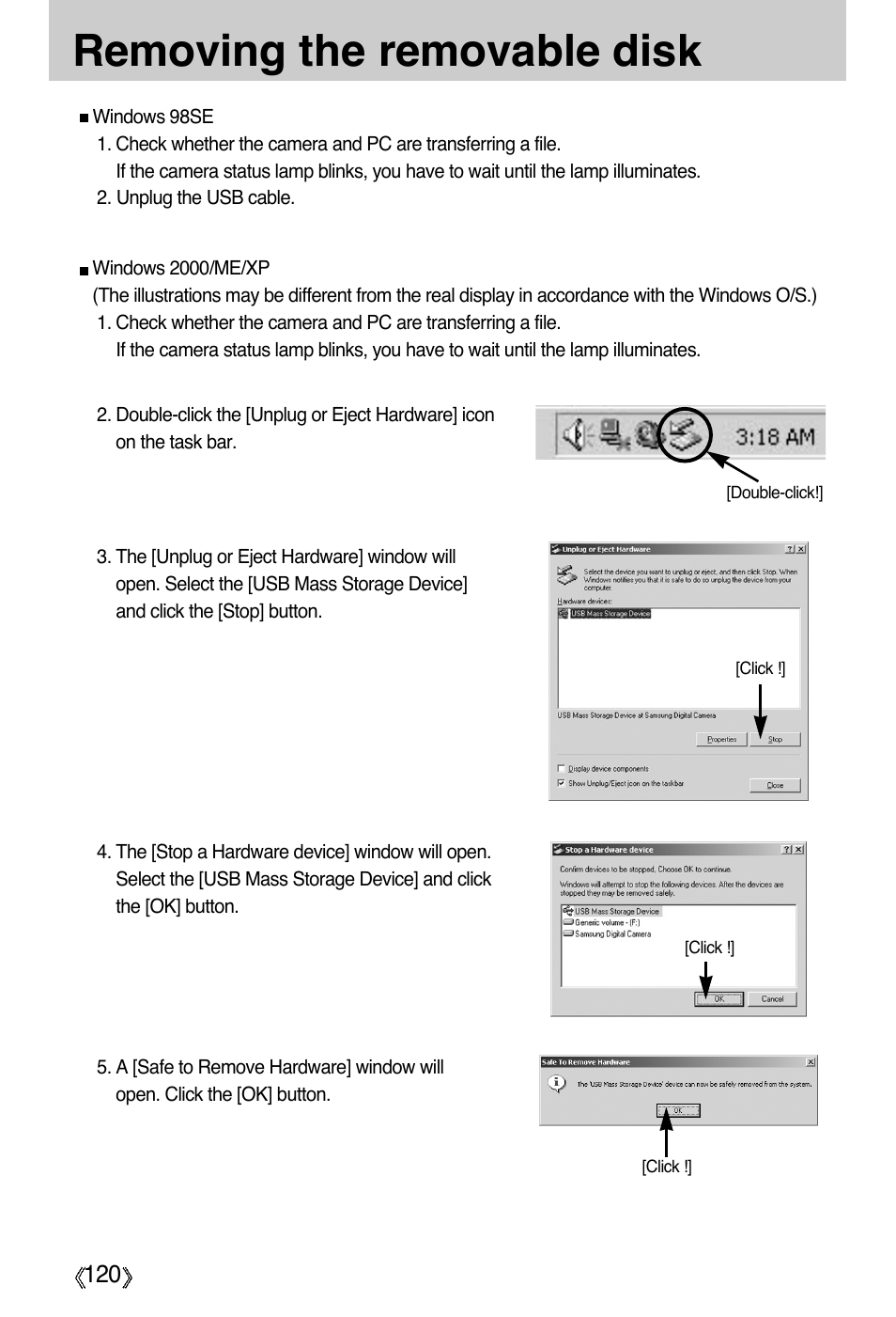 Removing the removable disk | Samsung Digimax A55W User Manual | Page 120 / 132