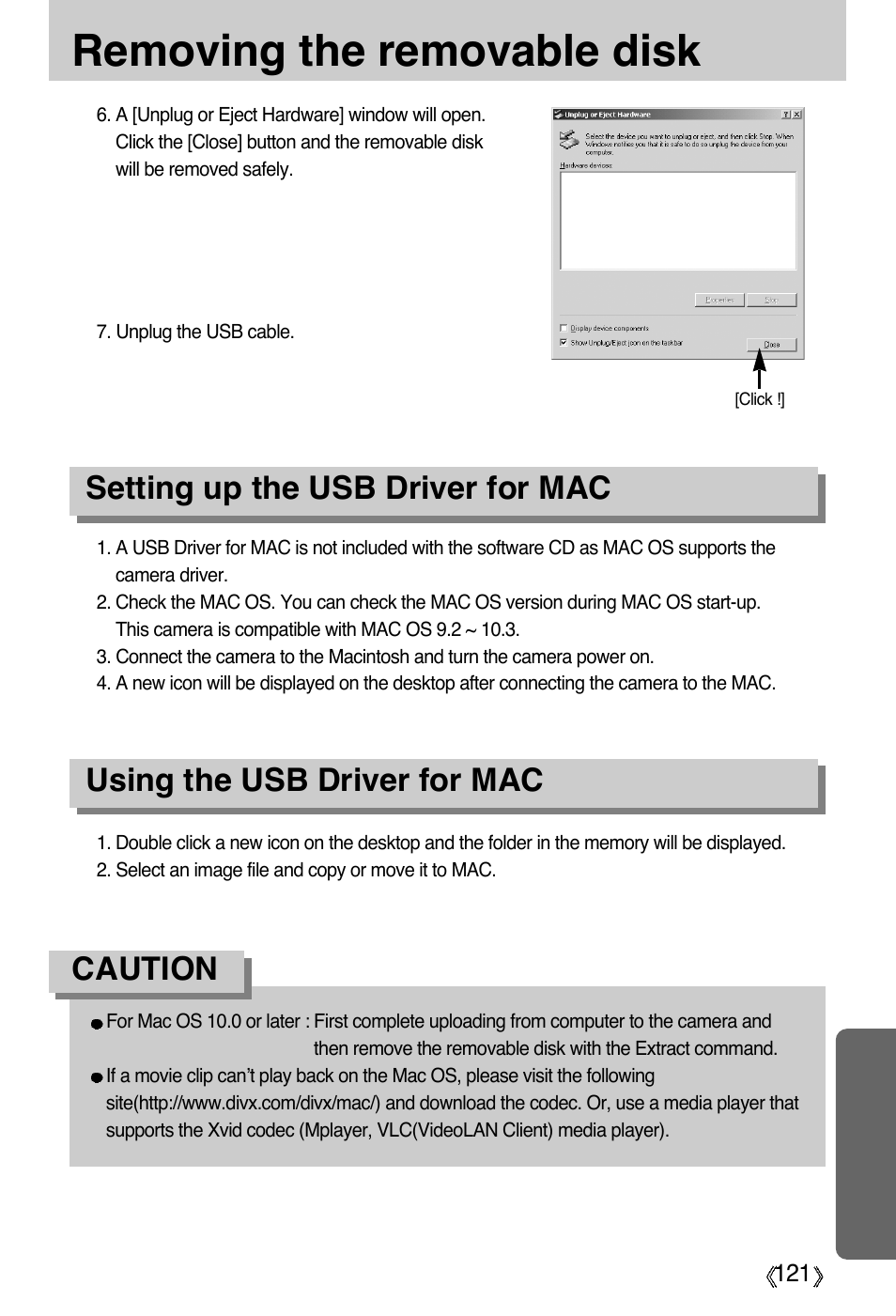 Removing the removable disk, Caution | Samsung Digimax A55W User Manual | Page 121 / 132
