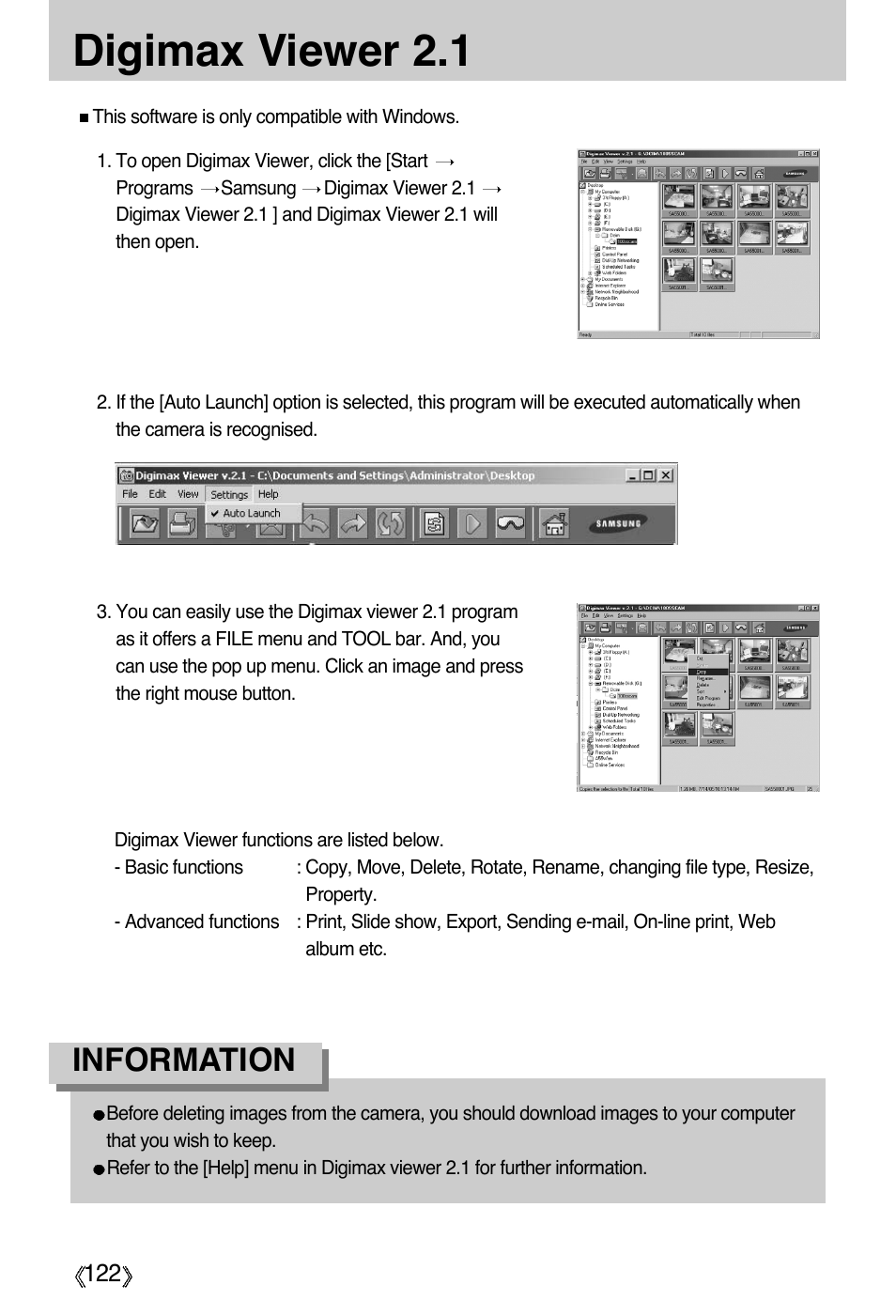 Digimax viewer 2.1, Information | Samsung Digimax A55W User Manual | Page 122 / 132