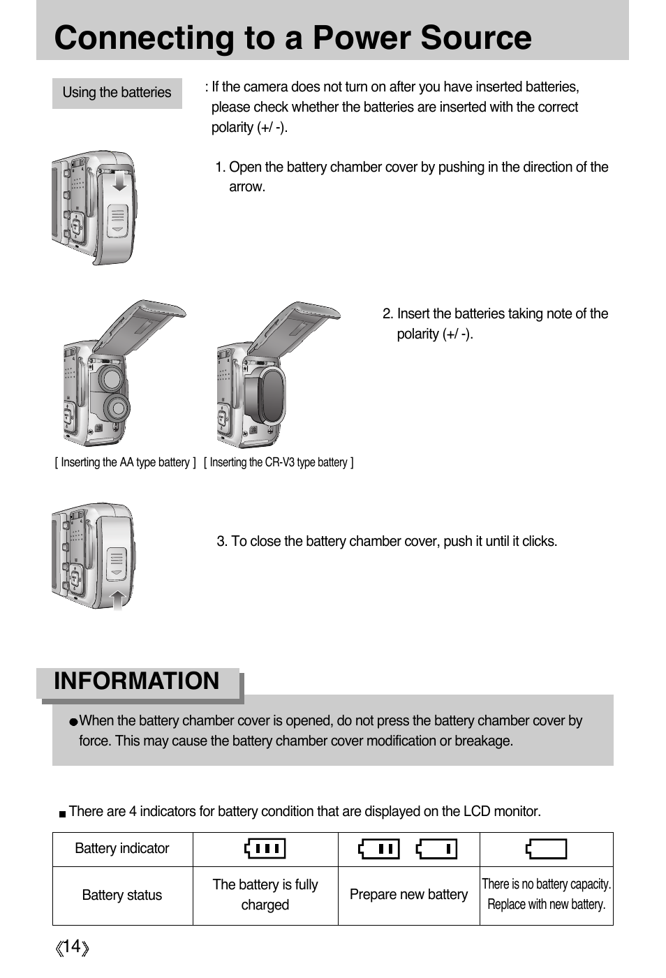 Connecting to a power source, Information | Samsung Digimax A55W User Manual | Page 14 / 132
