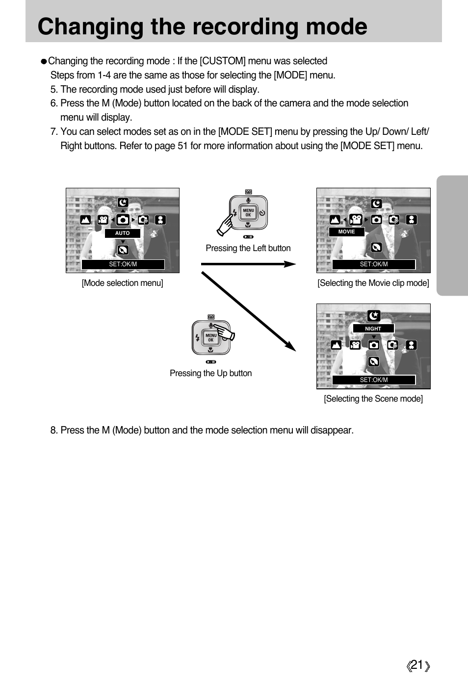 Changing the recording mode | Samsung Digimax A55W User Manual | Page 21 / 132