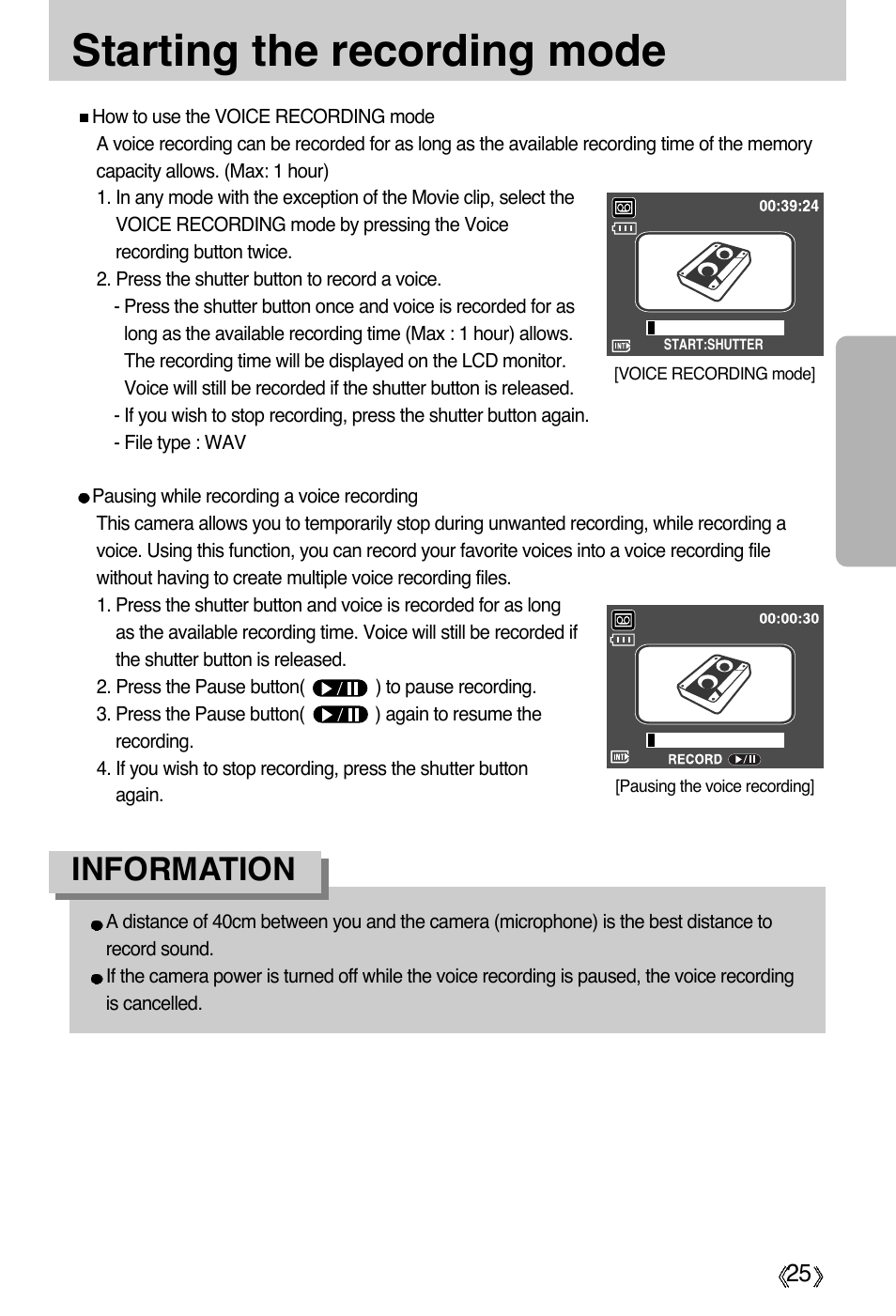 Starting the recording mode, Information | Samsung Digimax A55W User Manual | Page 25 / 132