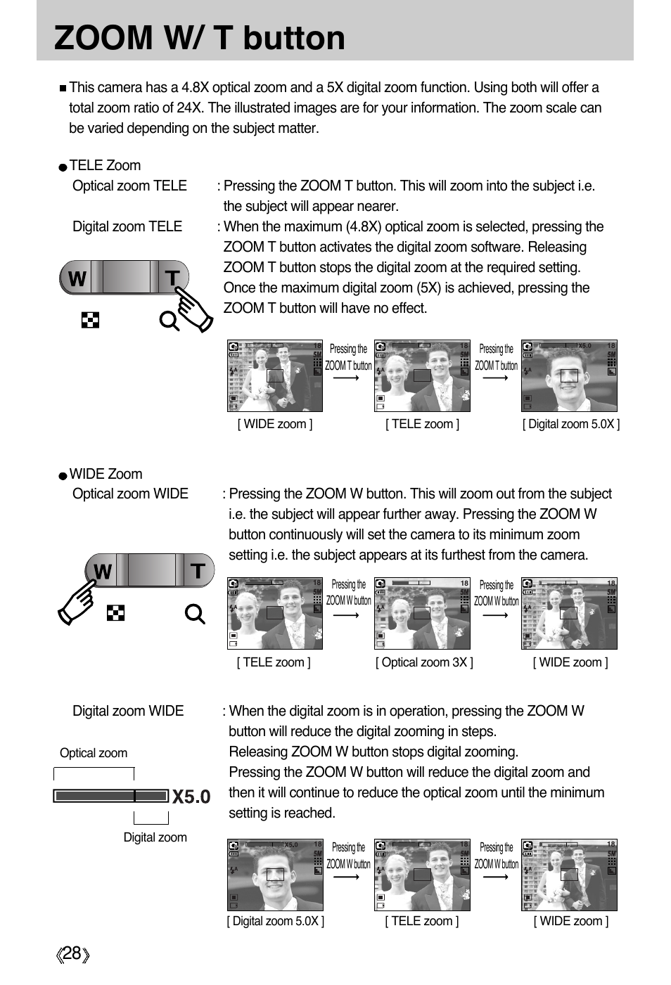 Zoom w/ t button | Samsung Digimax A55W User Manual | Page 28 / 132