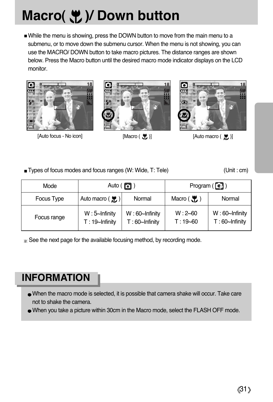 Macro( )/ down button, Information | Samsung Digimax A55W User Manual | Page 31 / 132