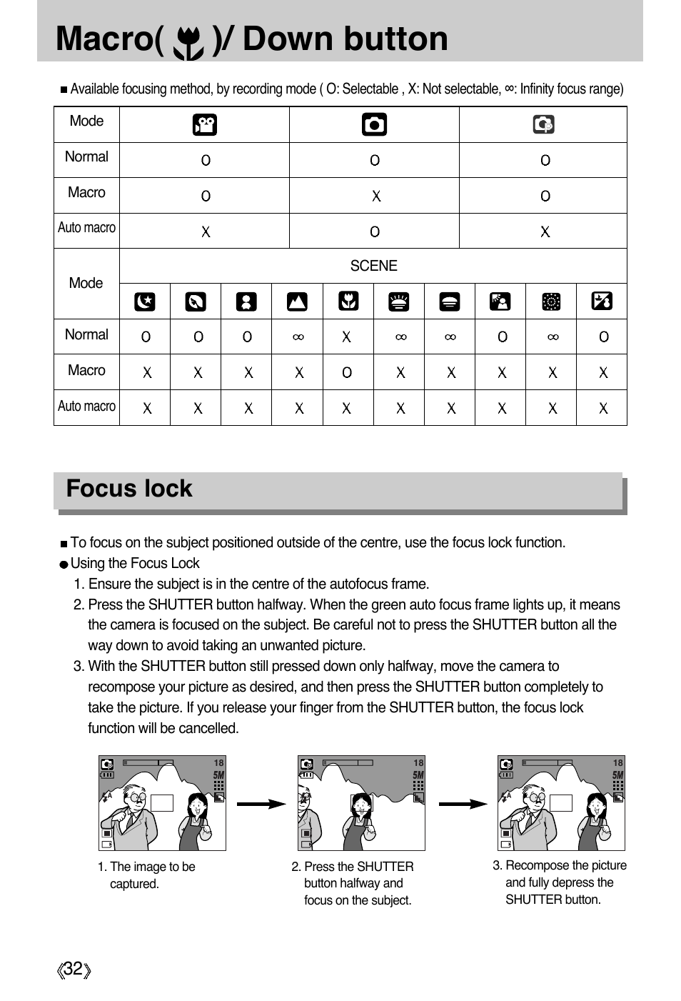 Macro( )/ down button, Focus lock | Samsung Digimax A55W User Manual | Page 32 / 132