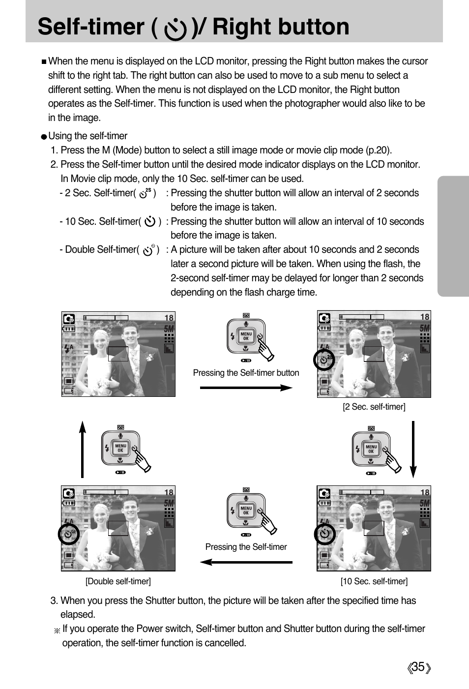 Self-timer ( )/ right button | Samsung Digimax A55W User Manual | Page 35 / 132