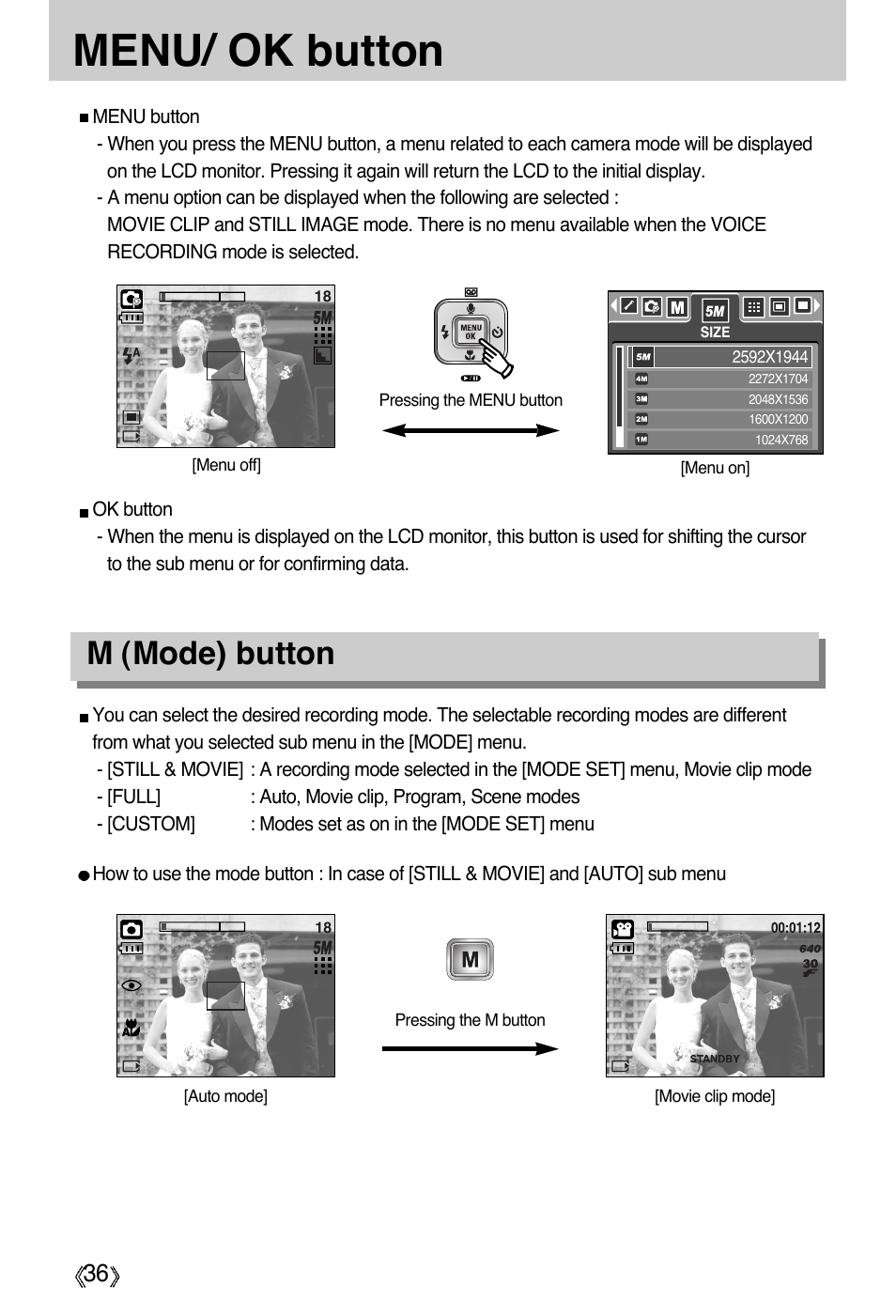Menu/ ok button, M (mode) button | Samsung Digimax A55W User Manual | Page 36 / 132