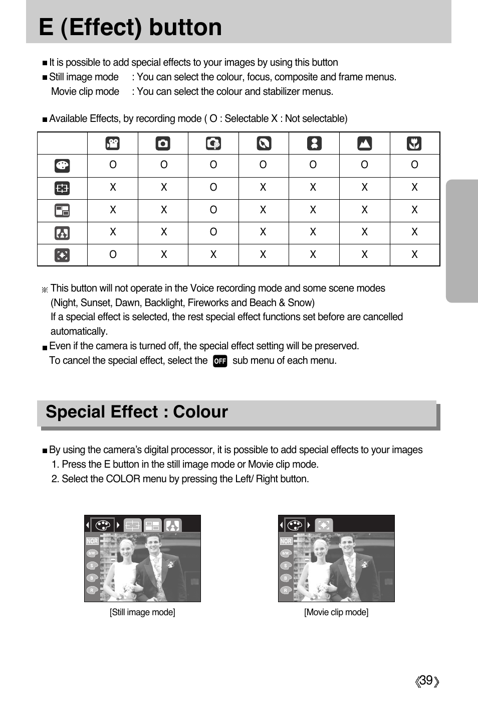 E (effect) button, Special effect : colour | Samsung Digimax A55W User Manual | Page 39 / 132