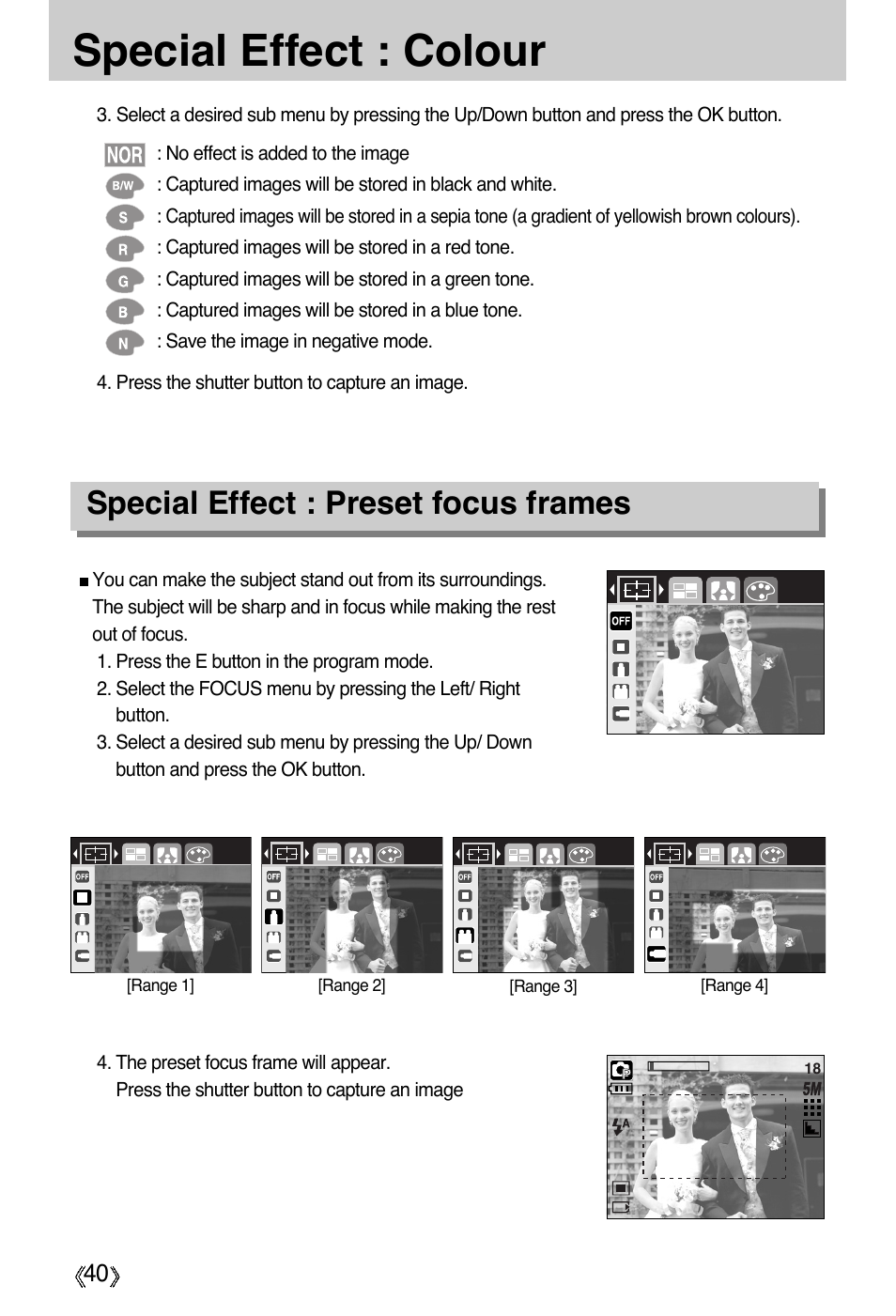 Special effect : colour, Special effect : preset focus frames | Samsung Digimax A55W User Manual | Page 40 / 132