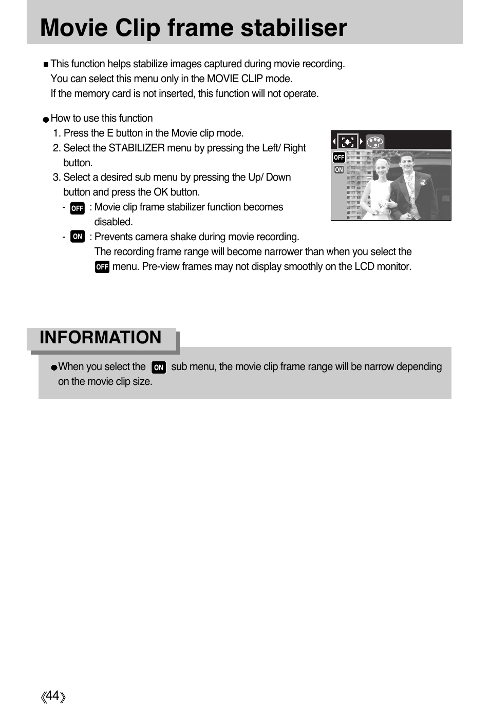 Movie clip frame stabiliser, Information | Samsung Digimax A55W User Manual | Page 44 / 132