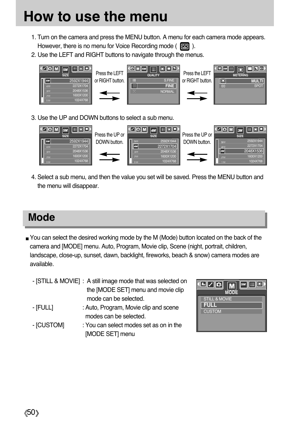How to use the menu, Mode | Samsung Digimax A55W User Manual | Page 50 / 132