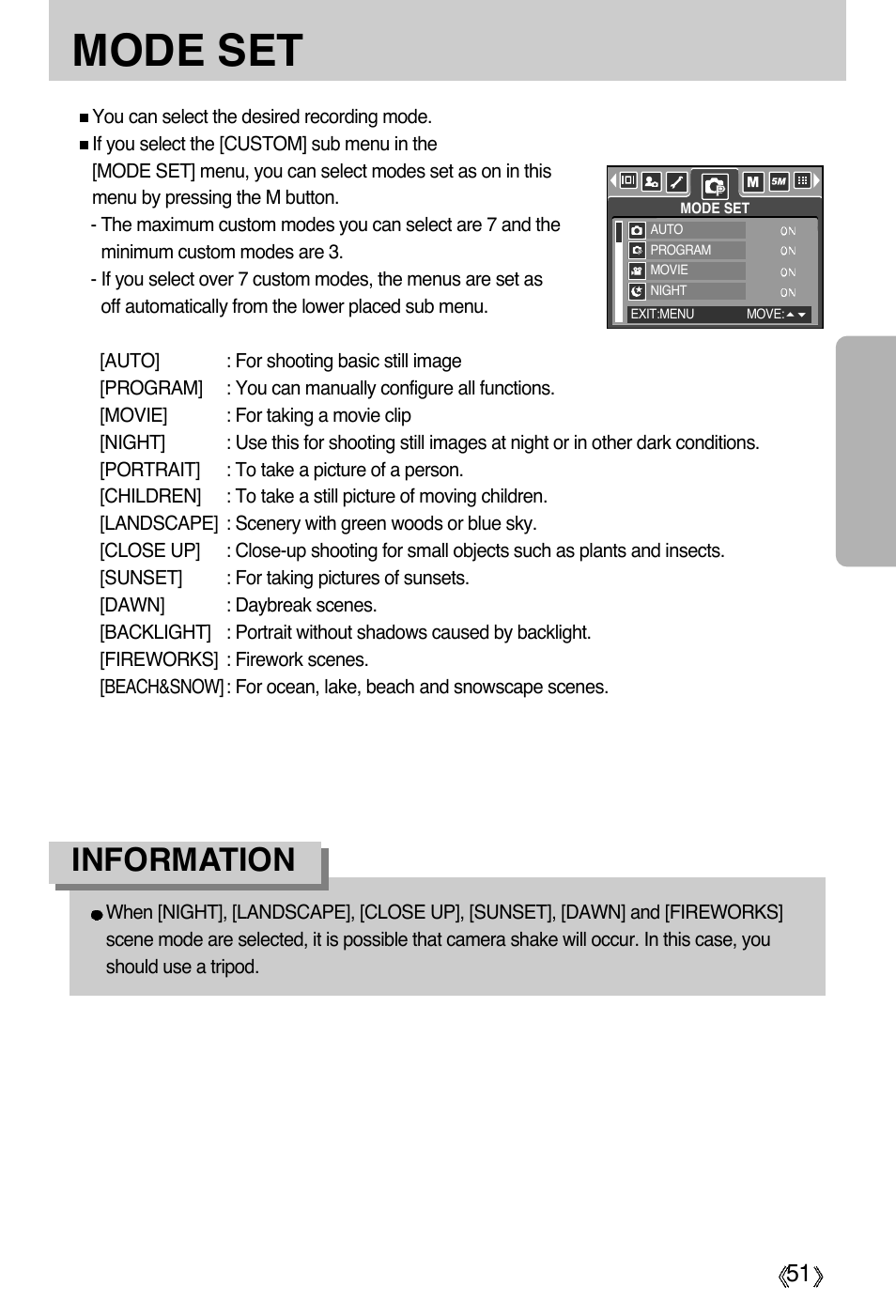 Mode set, Information | Samsung Digimax A55W User Manual | Page 51 / 132