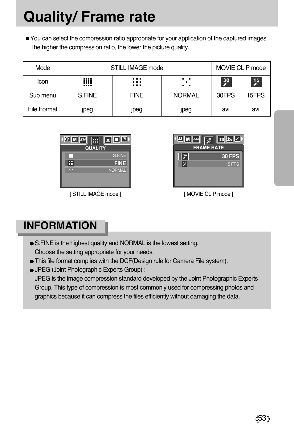 Quality/ frame rate, Information | Samsung Digimax A55W User Manual | Page 53 / 132