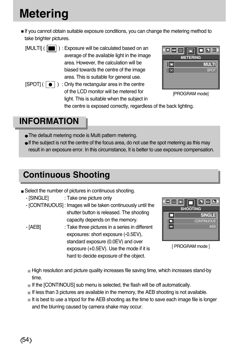 Metering, Information continuous shooting | Samsung Digimax A55W User Manual | Page 54 / 132