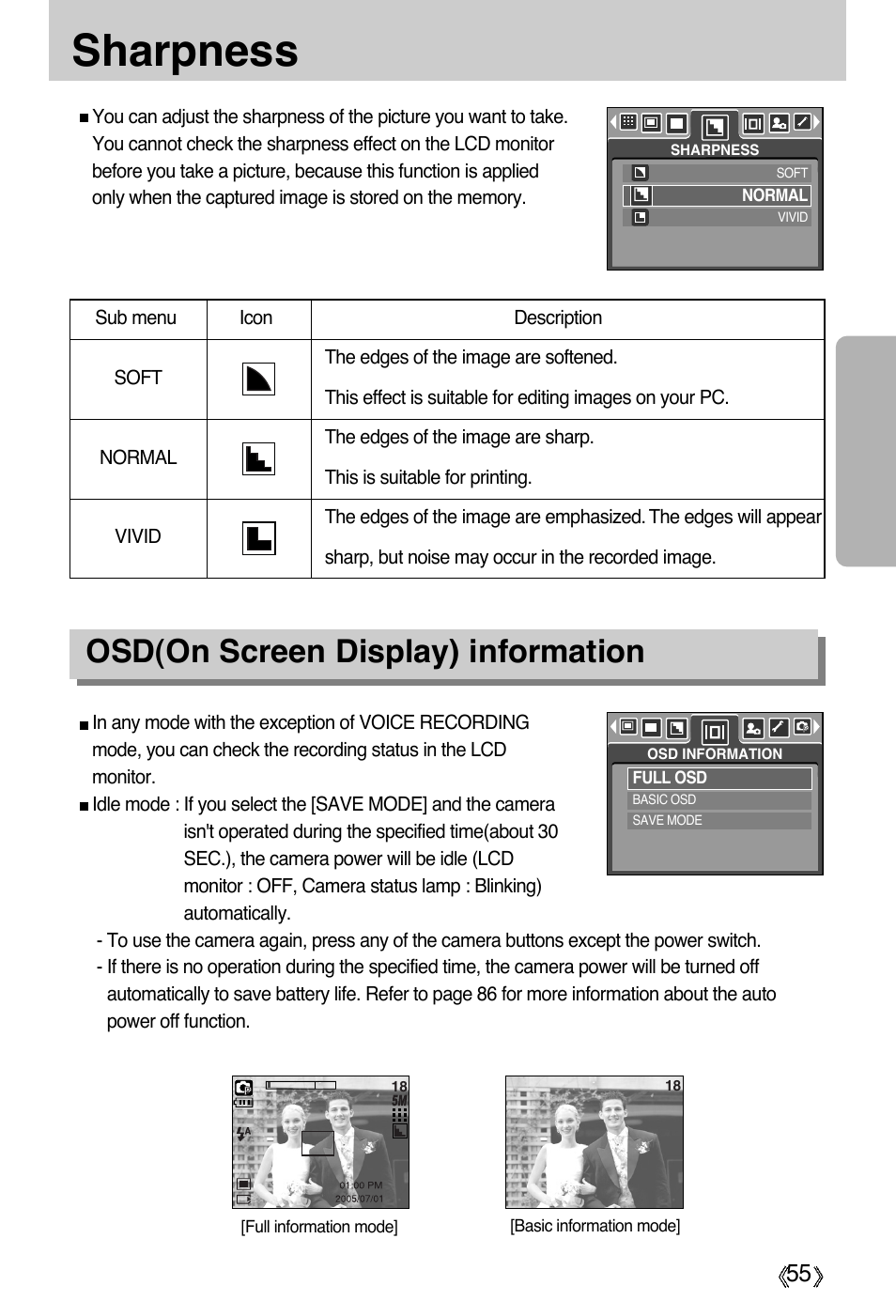 Sharpness, Osd(on screen display) information | Samsung Digimax A55W User Manual | Page 55 / 132