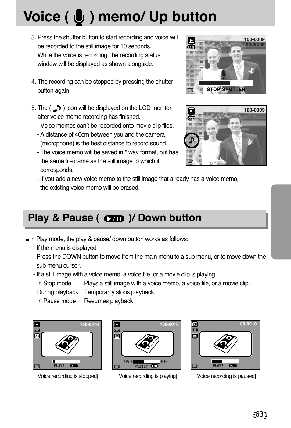 Play & pause ( )/ down button | Samsung Digimax A55W User Manual | Page 63 / 132