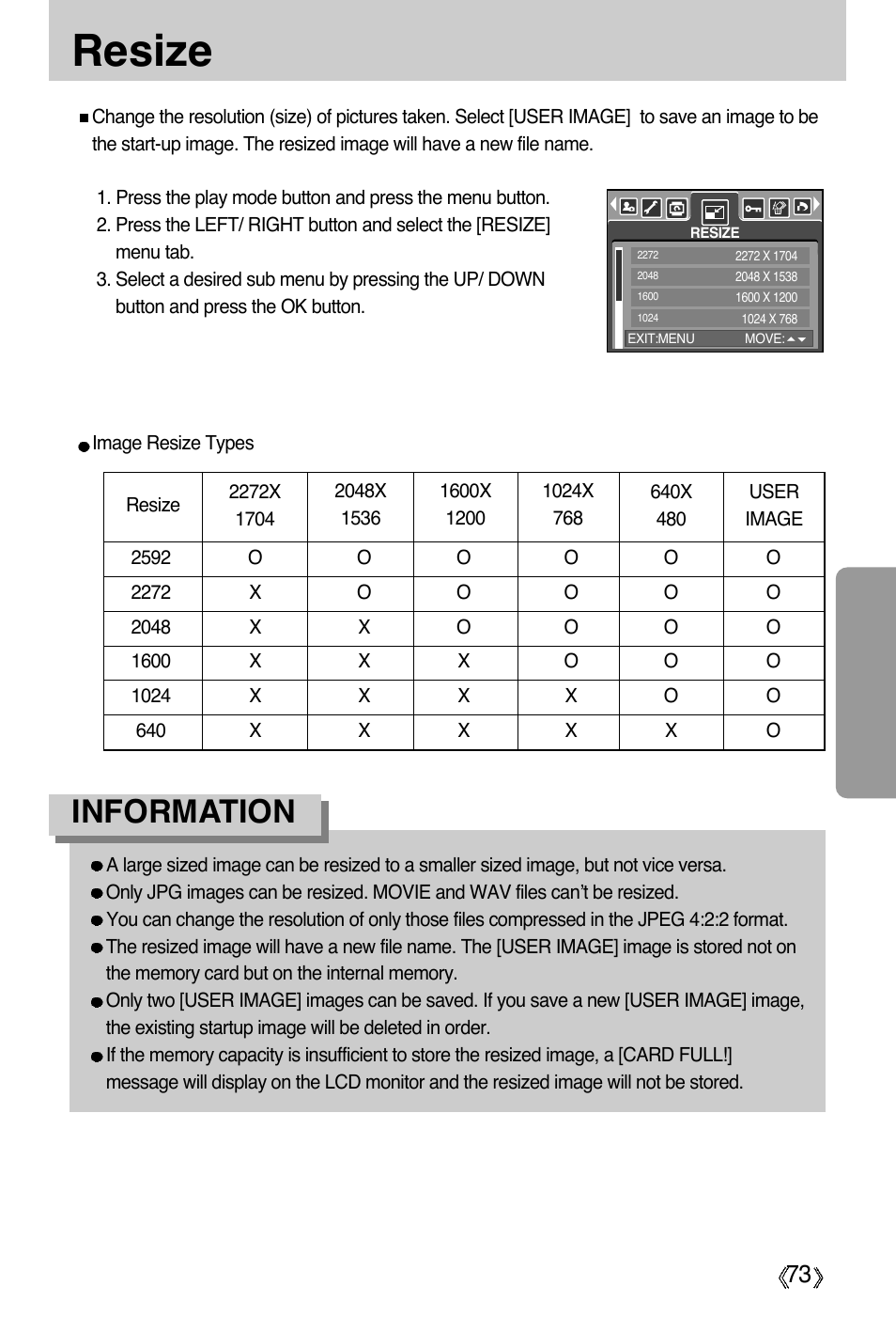 Resize, Information | Samsung Digimax A55W User Manual | Page 73 / 132