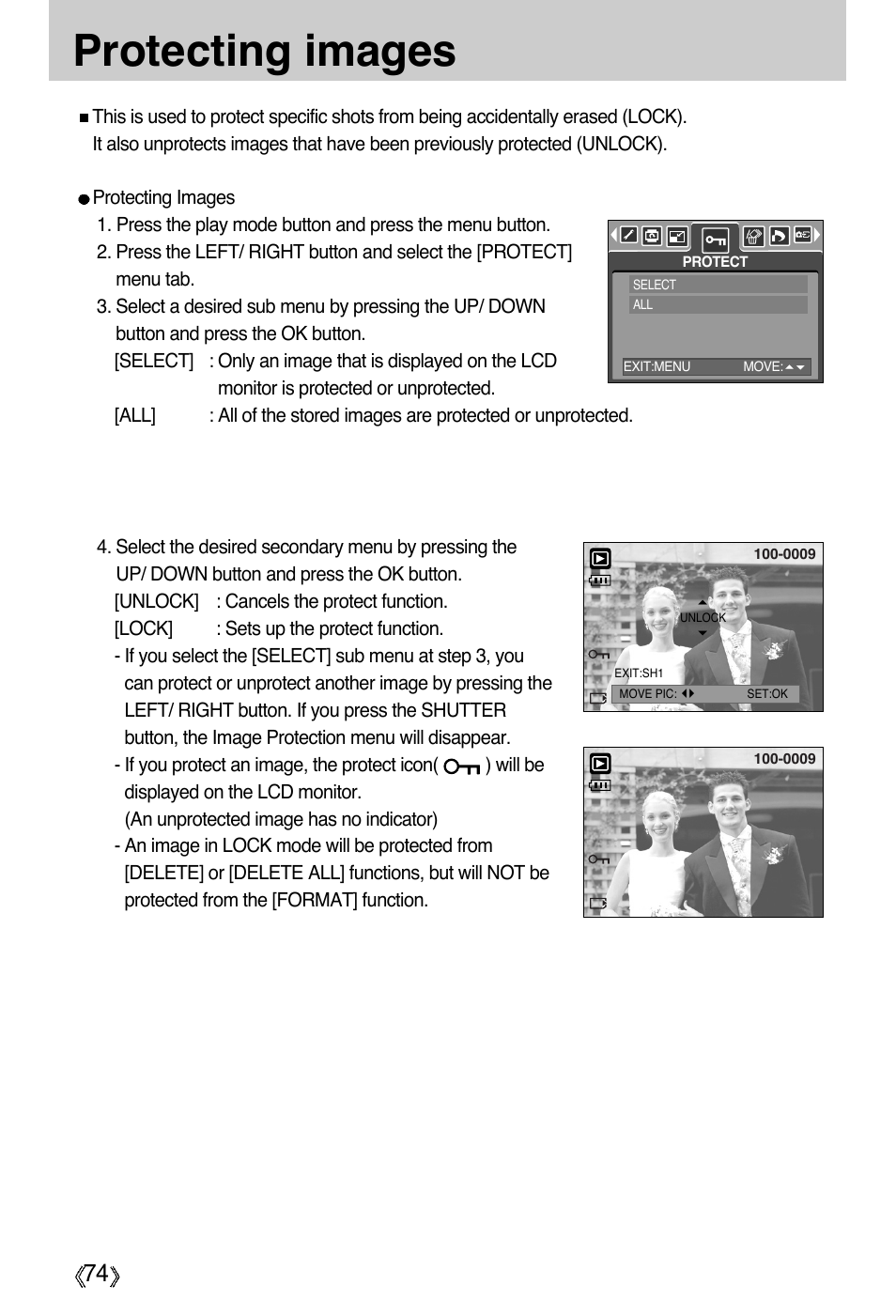 Protecting images | Samsung Digimax A55W User Manual | Page 74 / 132