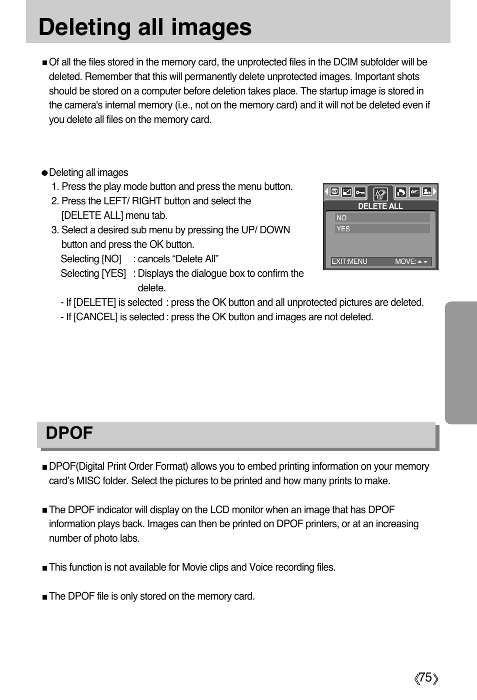 Deleting all images, Dpof | Samsung Digimax A55W User Manual | Page 75 / 132