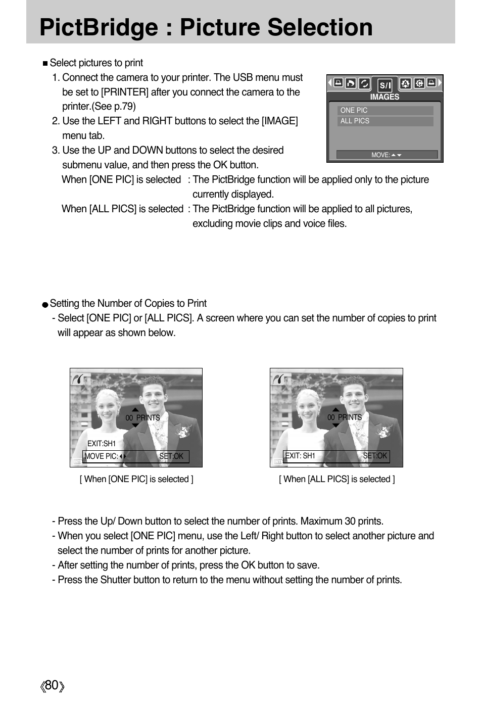 Pictbridge : picture selection | Samsung Digimax A55W User Manual | Page 80 / 132