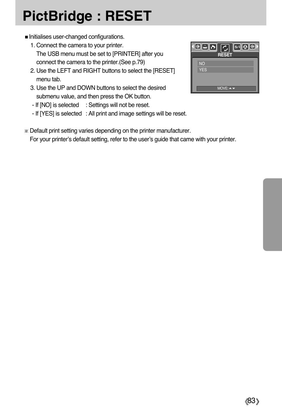 Pictbridge : reset | Samsung Digimax A55W User Manual | Page 83 / 132