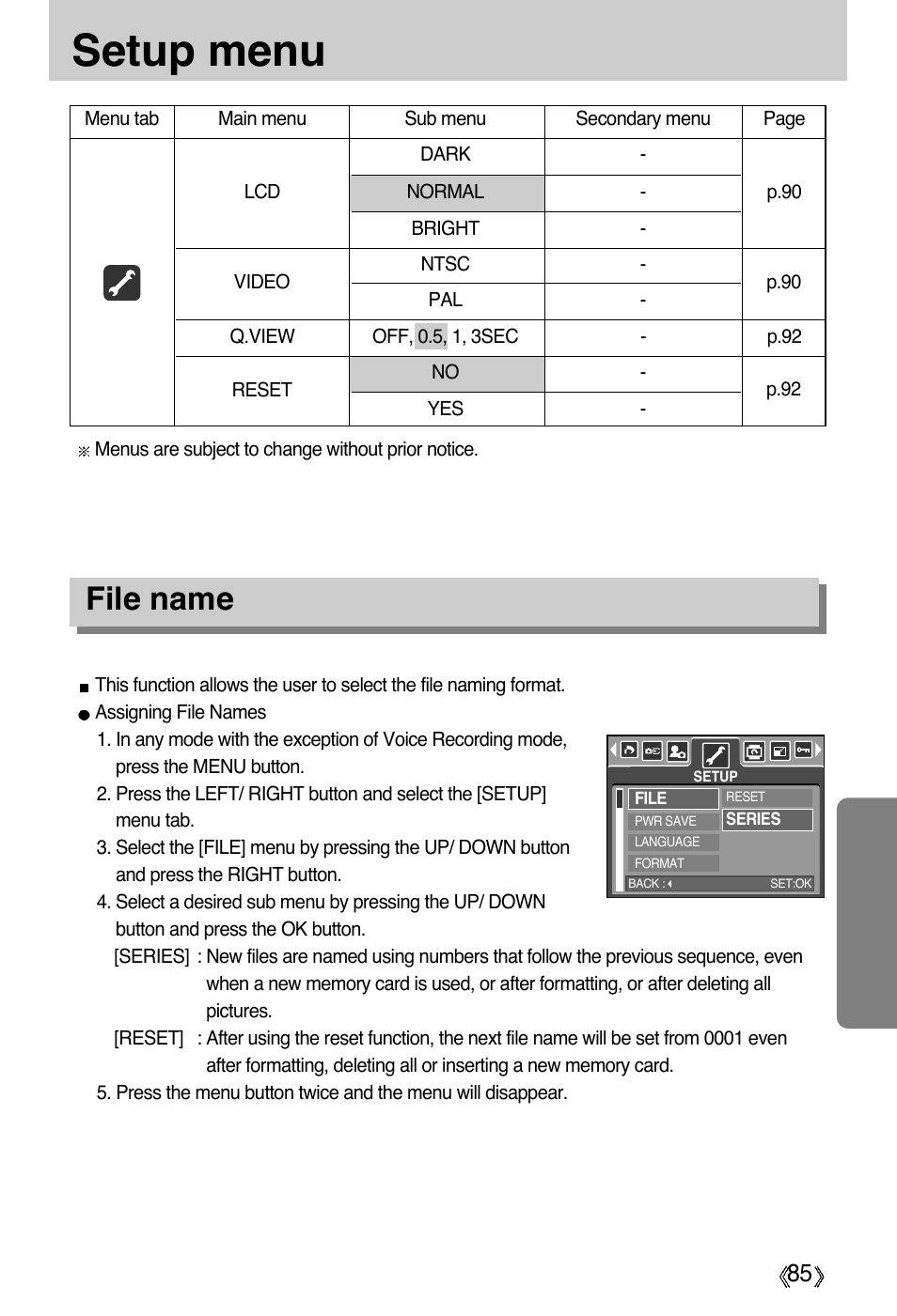 Setup menu, File name | Samsung Digimax A55W User Manual | Page 85 / 132