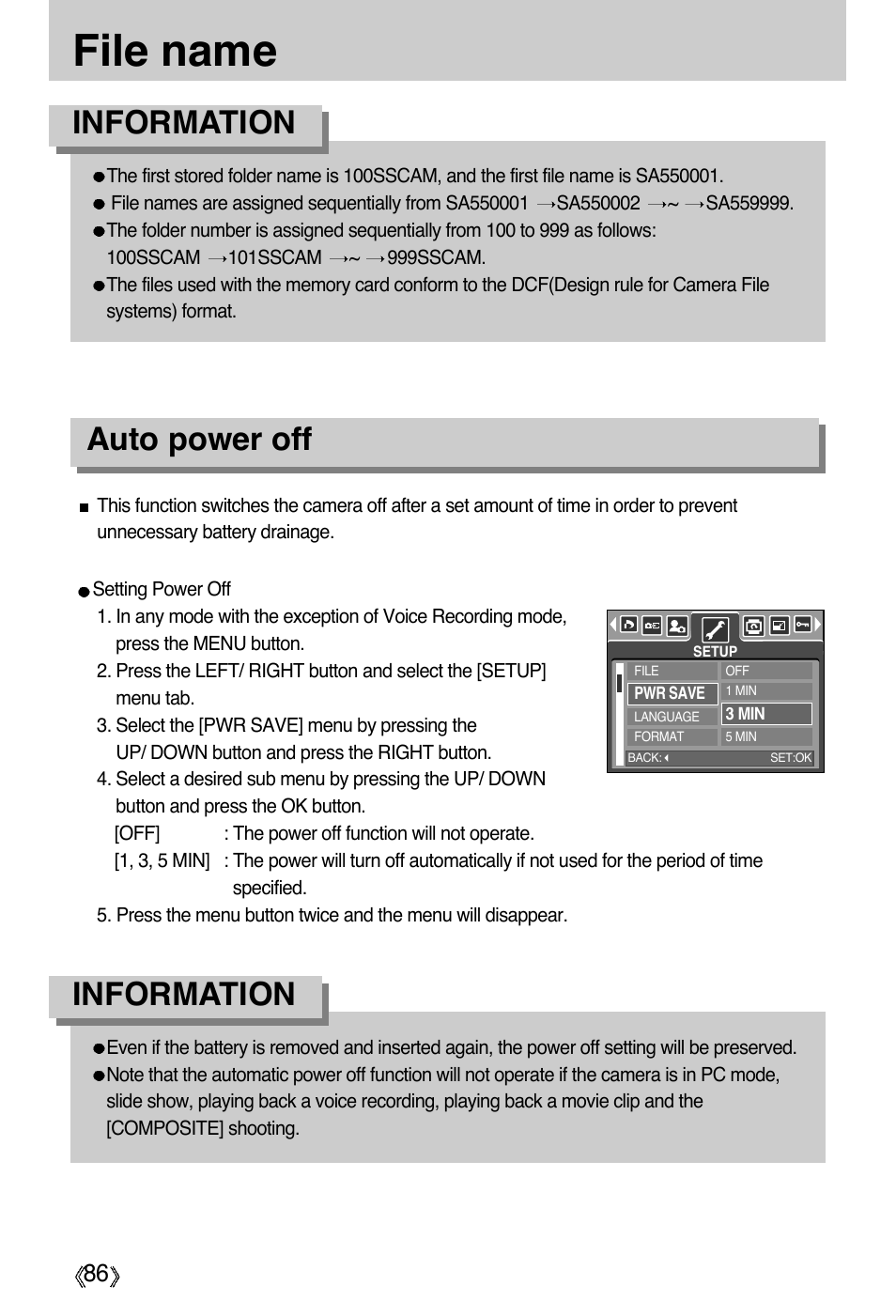File name, Information, Information auto power off | Samsung Digimax A55W User Manual | Page 86 / 132