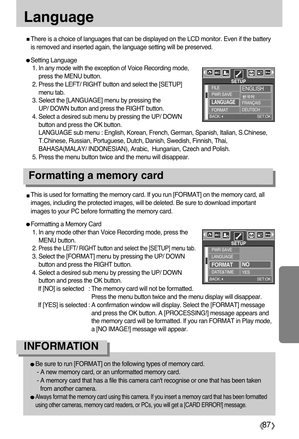 Language, Information | Samsung Digimax A55W User Manual | Page 87 / 132