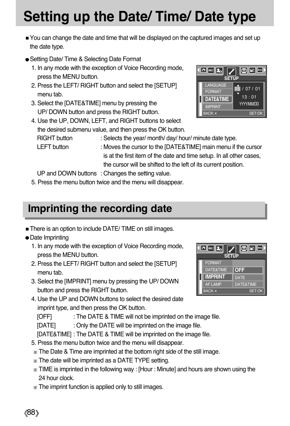 Setting up the date/ time/ date type, Imprinting the recording date | Samsung Digimax A55W User Manual | Page 88 / 132