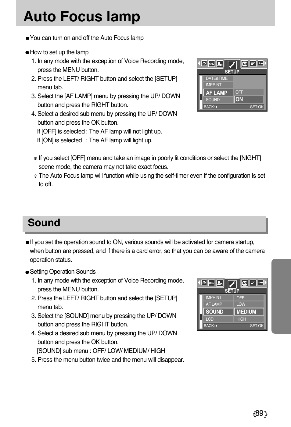 Auto focus lamp, Sound | Samsung Digimax A55W User Manual | Page 89 / 132