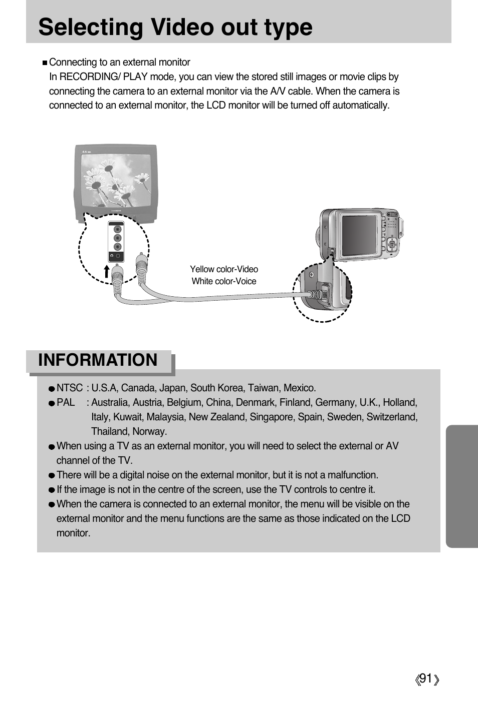 Selecting video out type, Information | Samsung Digimax A55W User Manual | Page 91 / 132