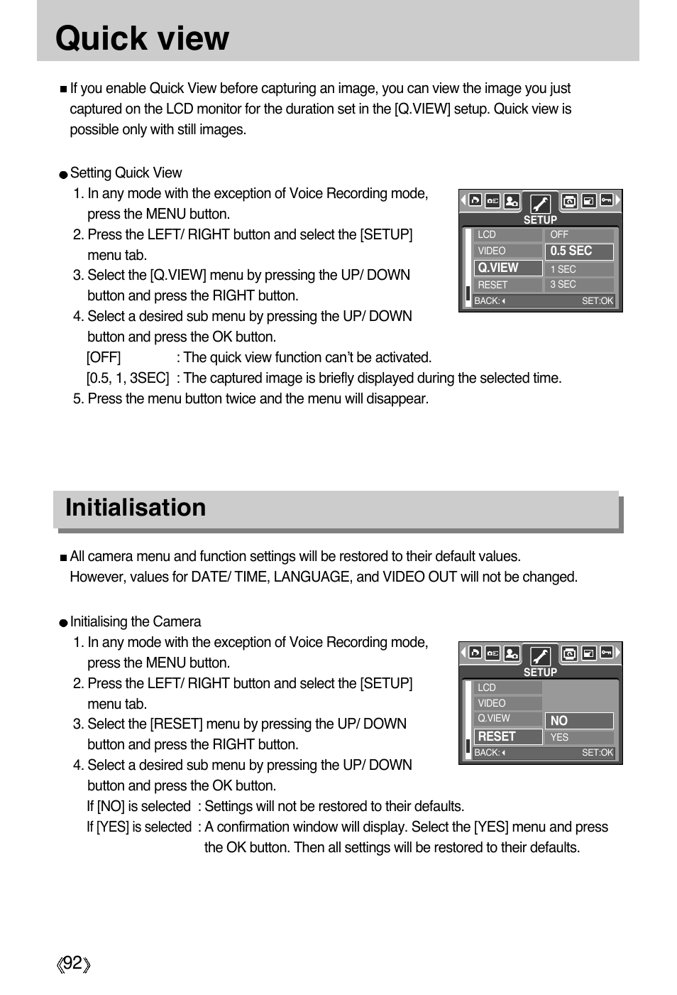 Quick view, Initialisation | Samsung Digimax A55W User Manual | Page 92 / 132