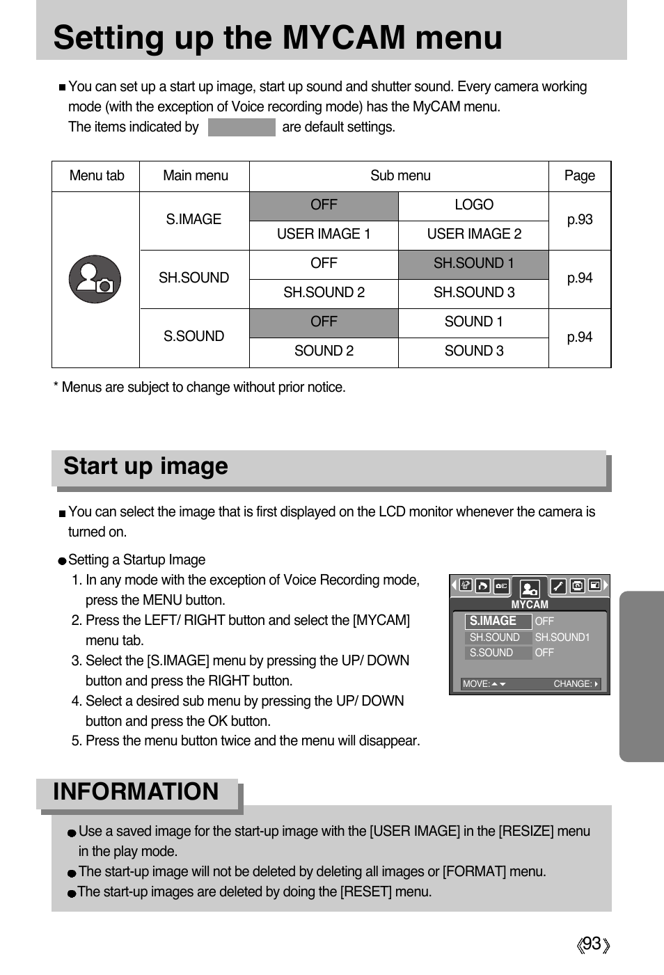 Setting up the mycam menu, Start up image, Information | Samsung Digimax A55W User Manual | Page 93 / 132