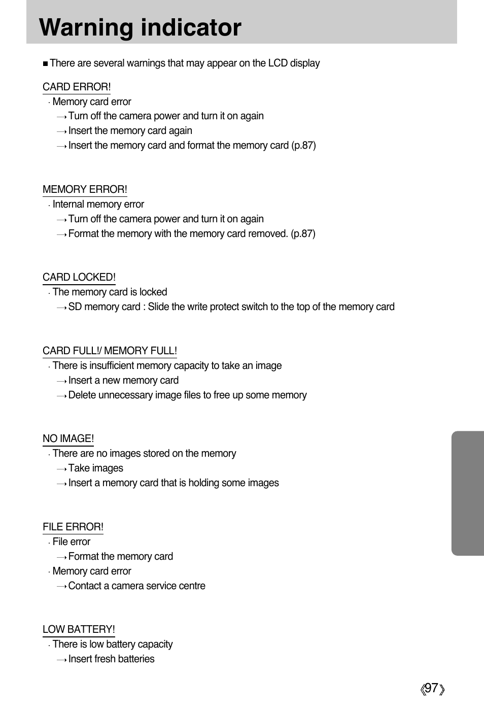 Warning indicator | Samsung Digimax A55W User Manual | Page 97 / 132