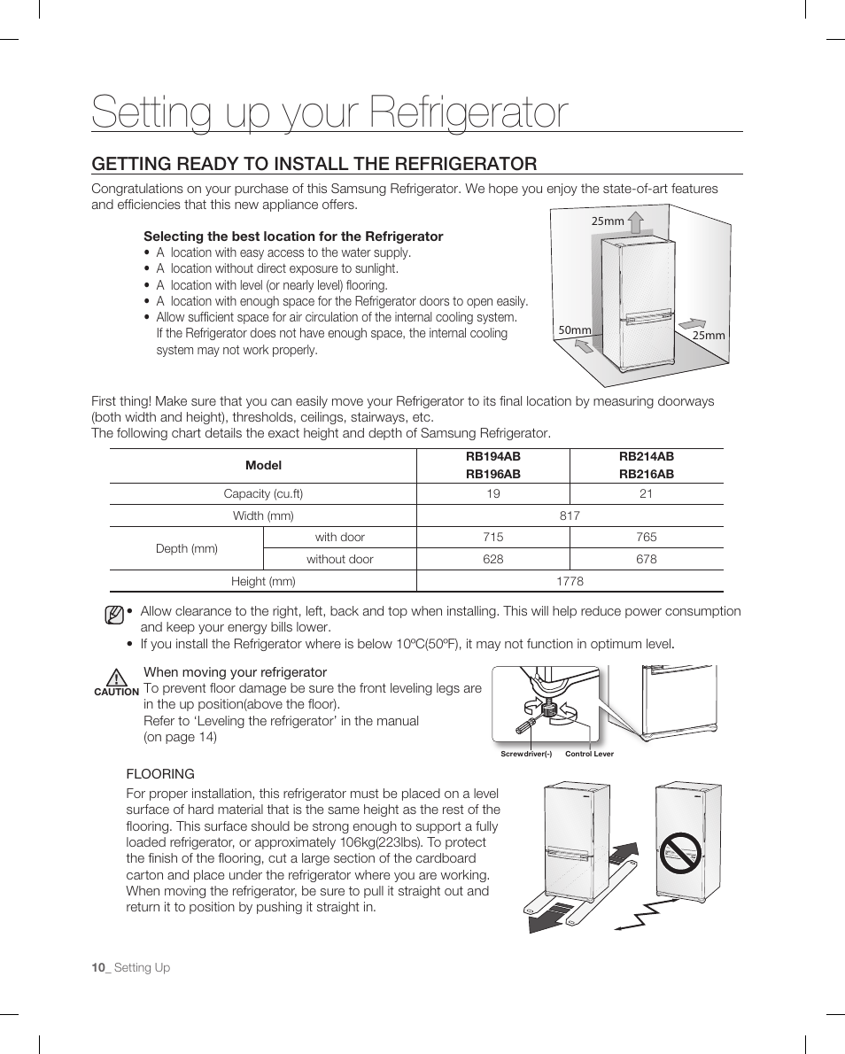 Setting up your refrigerator, Getting ready to install the refrigerator | Samsung RB214AB User Manual | Page 10 / 28