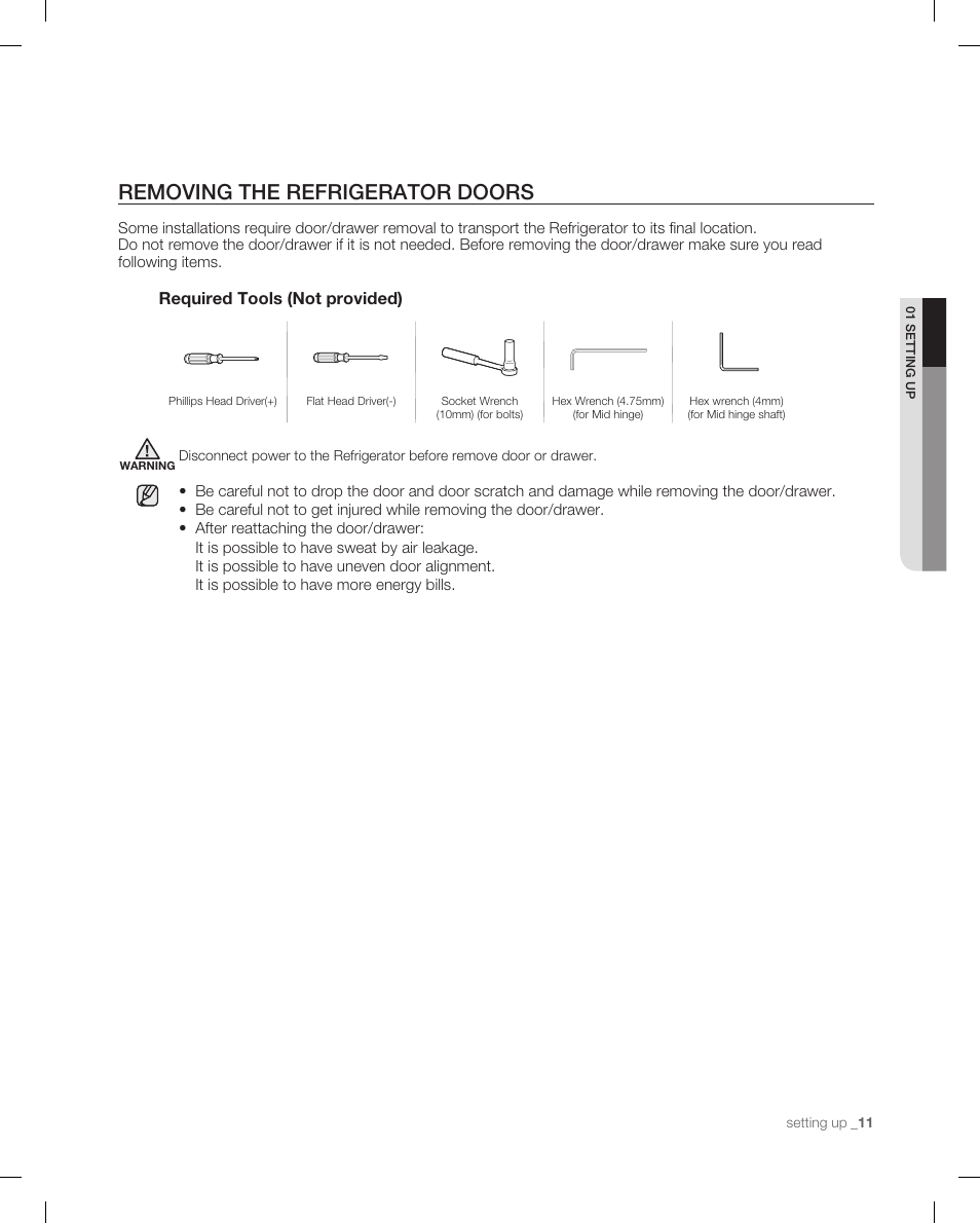 Removing the refrigerator doors | Samsung RB214AB User Manual | Page 11 / 28